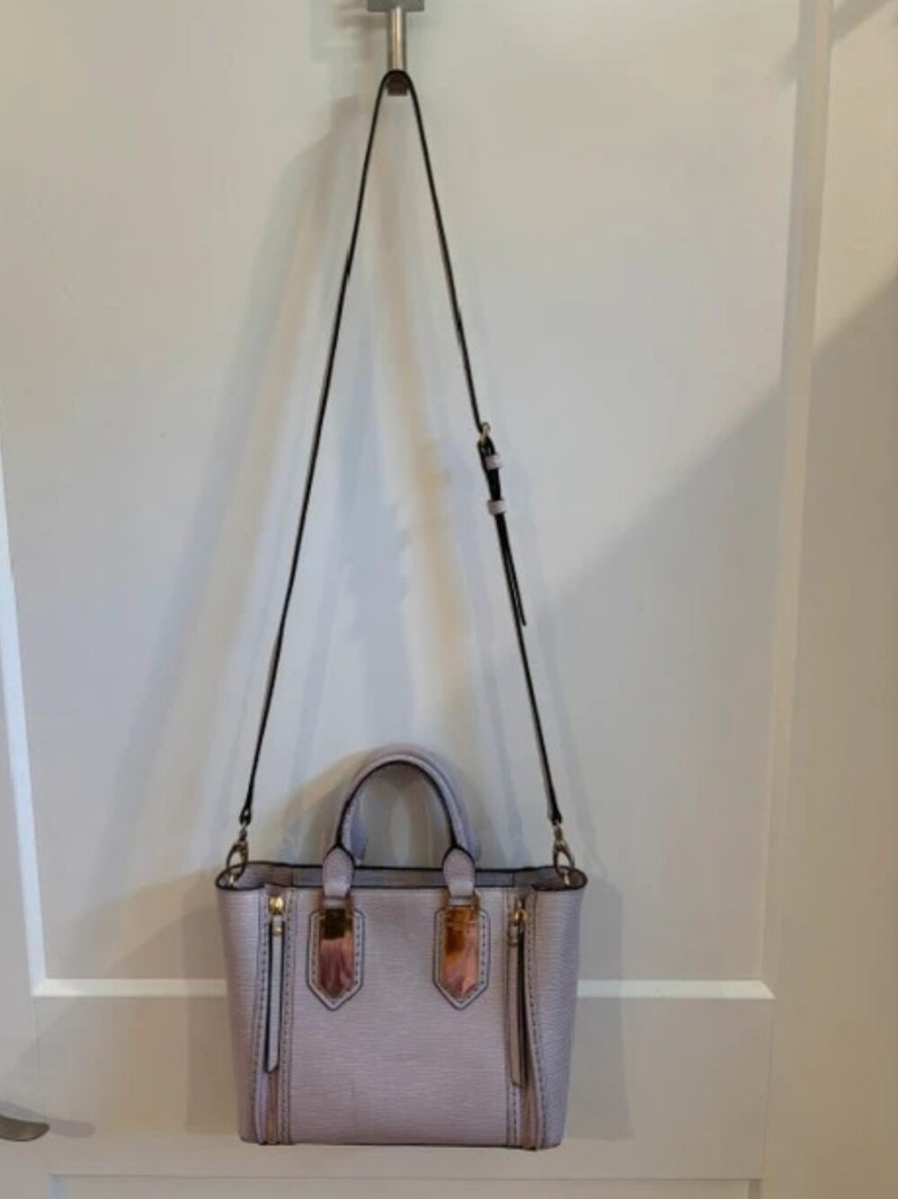 henri bendel, RARE, Lavender Ribbed Leather A-List Mini Satchel Lt Blue Satin GC